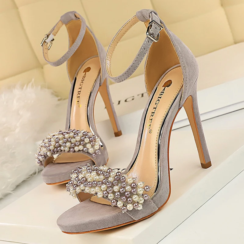 CINESSD Shoes Pearl Rhinestones Super High Heels Suede Women Heels Sexy Party Shoes Summer Women Sandals Stiletto Women Pumps
