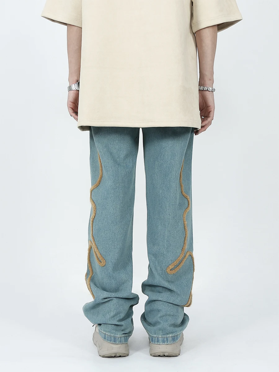 Four Seasons Men's Jeans Flocking Embroidery Design Straight High Street Loose Casual Wide Leg Pants Streetwear Men Ins Hot Sale