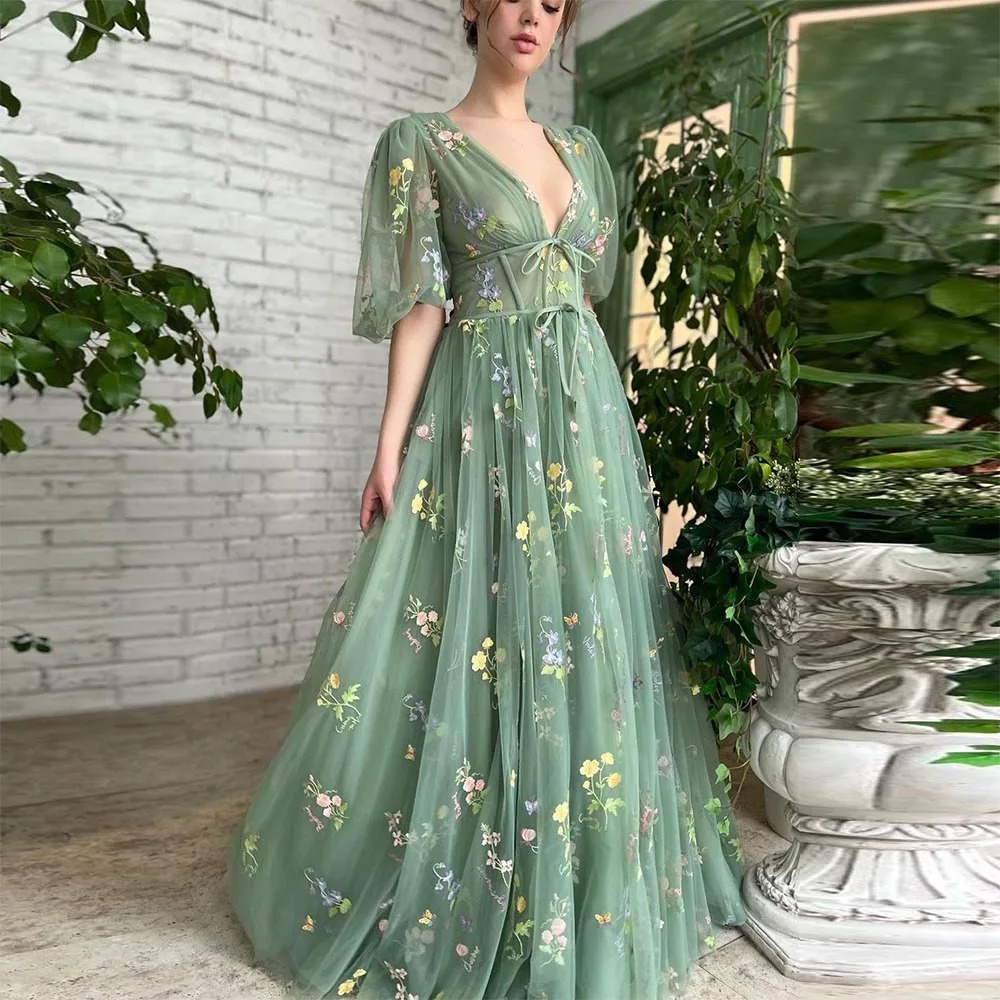 Sevintage Green Embroidery Lace Prom Dresses Puff Sleeves A-Line Long Wedding Party Gowns Open Back Tulle Evening Dress 2022