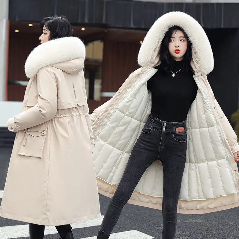 Winter Coat Women Detachable Padded Jackets Fashion Big Fur Collar Long Sleeve Hooded Parkas Woman Thicken Warm Long Down Jacket