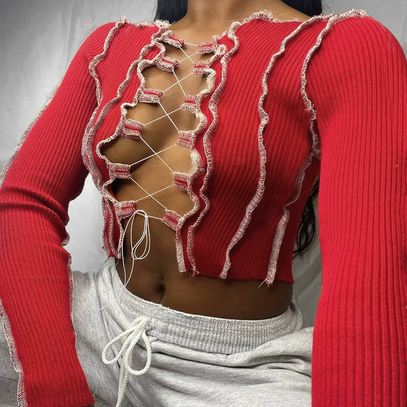 

Going Out for Women Lace Up Long Sleeve Crop Tops Ribbed Sexy Party Knitwear T-Shirt Hollow Out Bodycon Top Women 2022 New