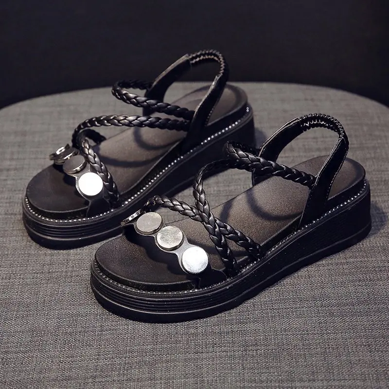 

Летние женские сандалии, модная обувь в Корейском стиле, женская обувь, увеличивающая рост, женская обувь с низким верхом