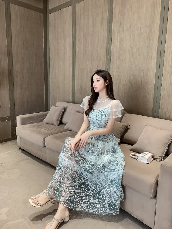 

SuperAen Spring Summer 2022 New Gauze Embroidered Printing STAND Mid-Calf A-LINE Casual Dresses for Women