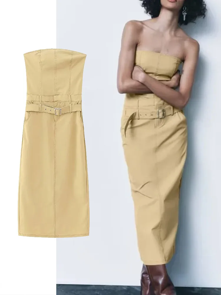 

Женское платье без бретелек, с поясом и открытыми плечами