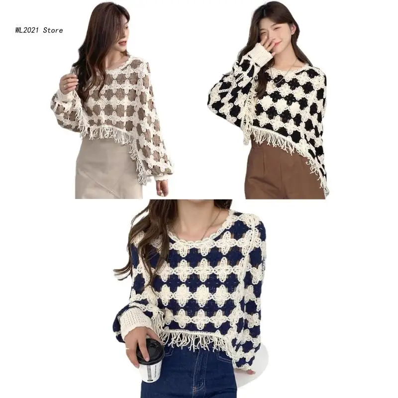 

Sweater Women Long Sleeve Floral Print Stitching O-Neck Casual Sweaters for Girl