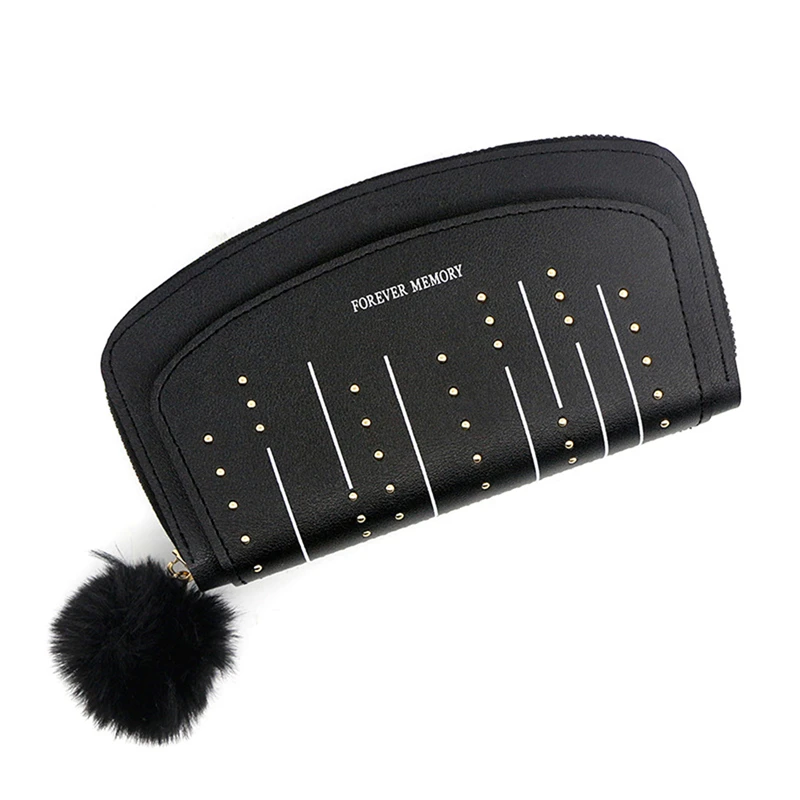 

Новинка 2022, Женские кошельки из искусственной кожи с меховым помпоном и украшением, Дамский Длинный кошелек в стиле ретро с заклепками и зас...