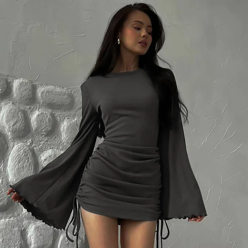 Осеннее однотонное черное облегающее мини-платье женские повседневные короткие