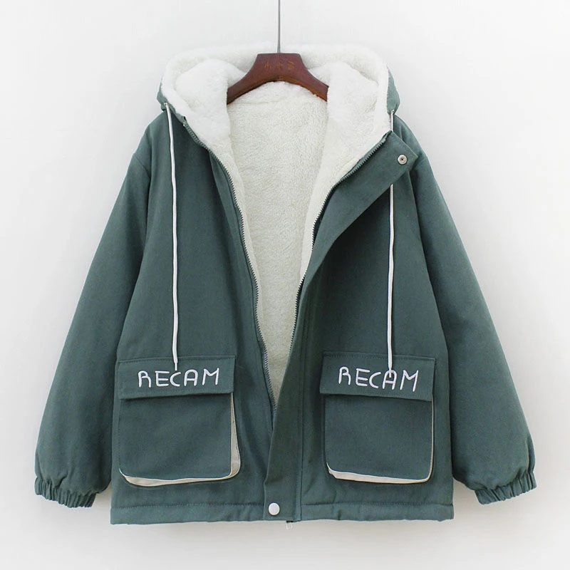 Autumn Winter Plus Velvet Thickening Tooling Jackets Women Korean Harajuku Hooded Loose Warm Coats Pocket Letter Printing Coat