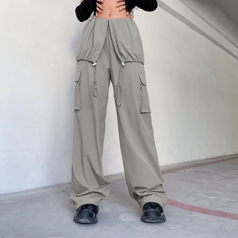 

High Street Simple Grey 100% Polyester Blank Drawstring Low Rise Streetwear Cargo Pants Womens With Side Pockets Drop Shipping