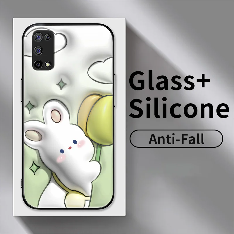 

Cuddly Rabbit Glass Case for Realme 7 5G V5 V13 Q3i 8S 8 Pro Narzo 30 Oppo K7X Phone Case Protective Back Cover