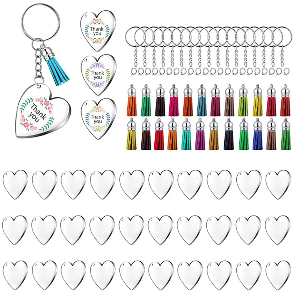 

120Pcs Acrylic Blank Keychains Kit Love Shape Clear Acrylic Disc Leather Tassel Charms Key Chains Jump Ring for DIY Craft Gifts