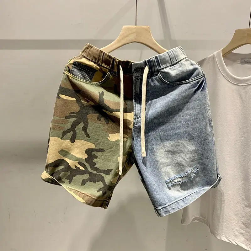2022 Summer Patchwork Camouflage Color Matching Denim Shorts Men's Fashion Hole Elastic Adjustable Waist Casual Pants
