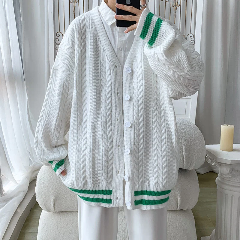 

Black White Cardigan Sweater Men Warm Fashion Casual Knit Sweater Coat Men Korean Loose Winter Long Sleeve Sweater Mens Jumper