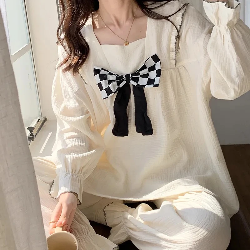 CAIYIER Korean Blue Grid Sweet Nightwear Ruffles Long Sleeve Trousers Winter Pajamas Set Elastic Waist Women Casual Homewear