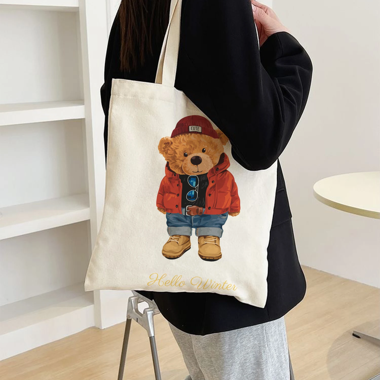 

BLINGPAW Canvas Tote Bag 100% Cotton Reusable Shopper Bags No Zipper Teddy Bear Preppy Eco Bolsa Cute Print School Style
