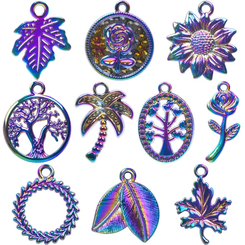 

10pcs/Lot Mixed Leaf Rose Tree Charms Plant Pendant Rainbow Color Charm For Jewelry Making Diy Earring Necklace Handmade Jewelry