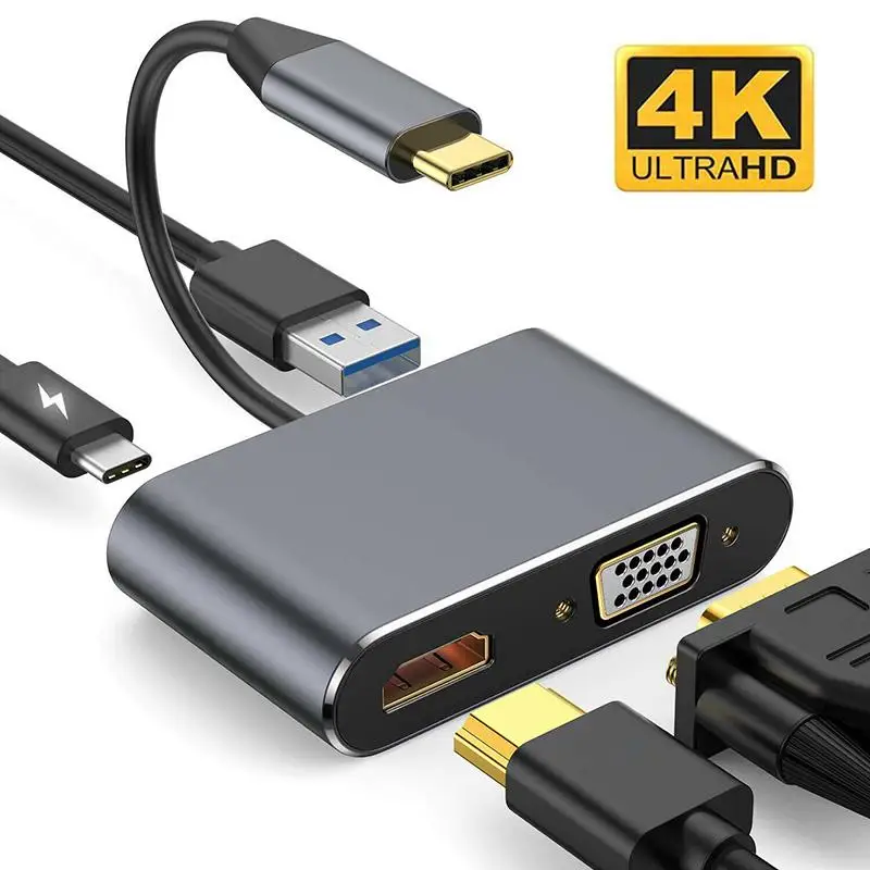 4K ประเภท C ถึง HDMI VGA USB 3.0 Converter 4 In 1 USB C Dock Station Hub USB Adapter Cable สำหรับโทรศัพท์ Macbook แล็ปท็อป