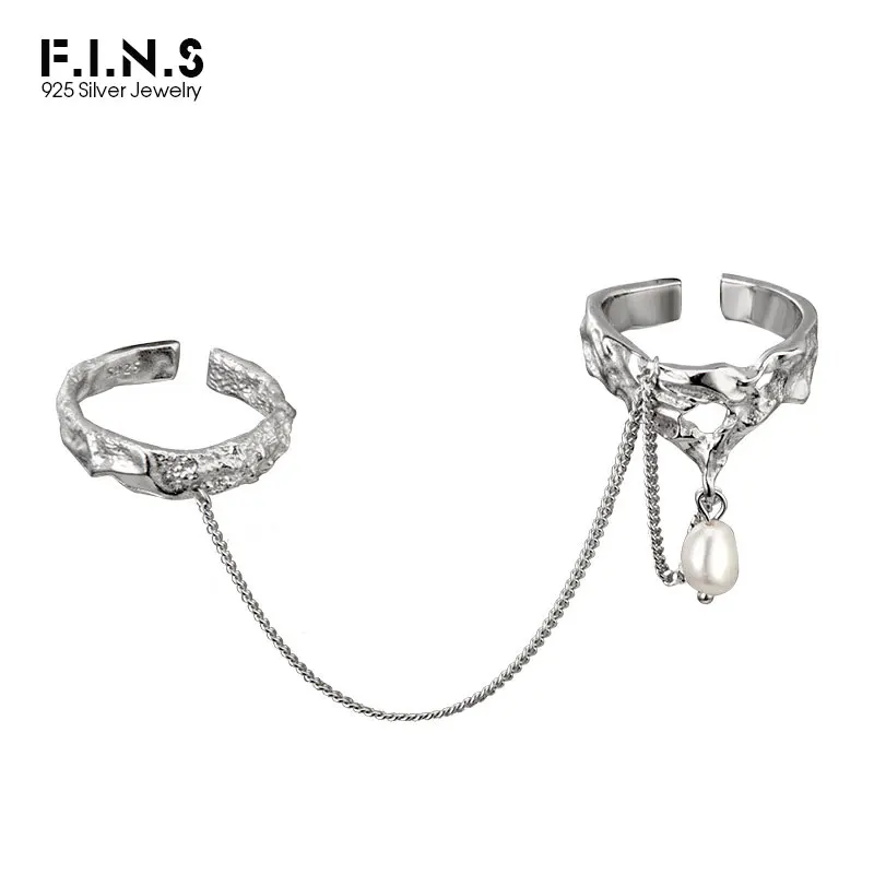 

F.I.N.S Korean Style S925 Sterling Silver Baroque Pearl Double Opening Adjustable Rings Punk Rock Uneven Surface Finger Ring
