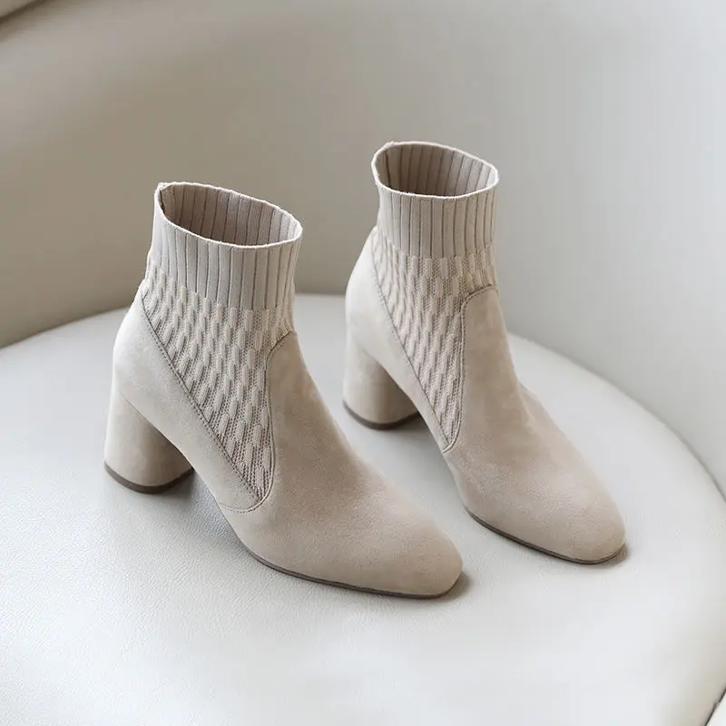 

Pointed Ankle Boots Winter Women New Casual Chelsea Boots Women Medium Heel Knitted Sock Boots Faux Female Heels Botas Mujer