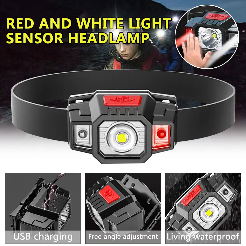 

Portable USB Rechargeable Headlamp Red+White Light LED Induction Headlight 3 Light Modes Torch for Camping Emergency Work Lamp