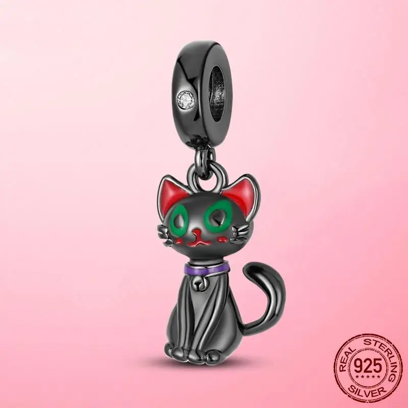

Cat Dangle Charm Silver Color Black Long Tail Cat Beads fit Original Pandora Bracelet DIY Animal Pendant Jewellery Making Gift