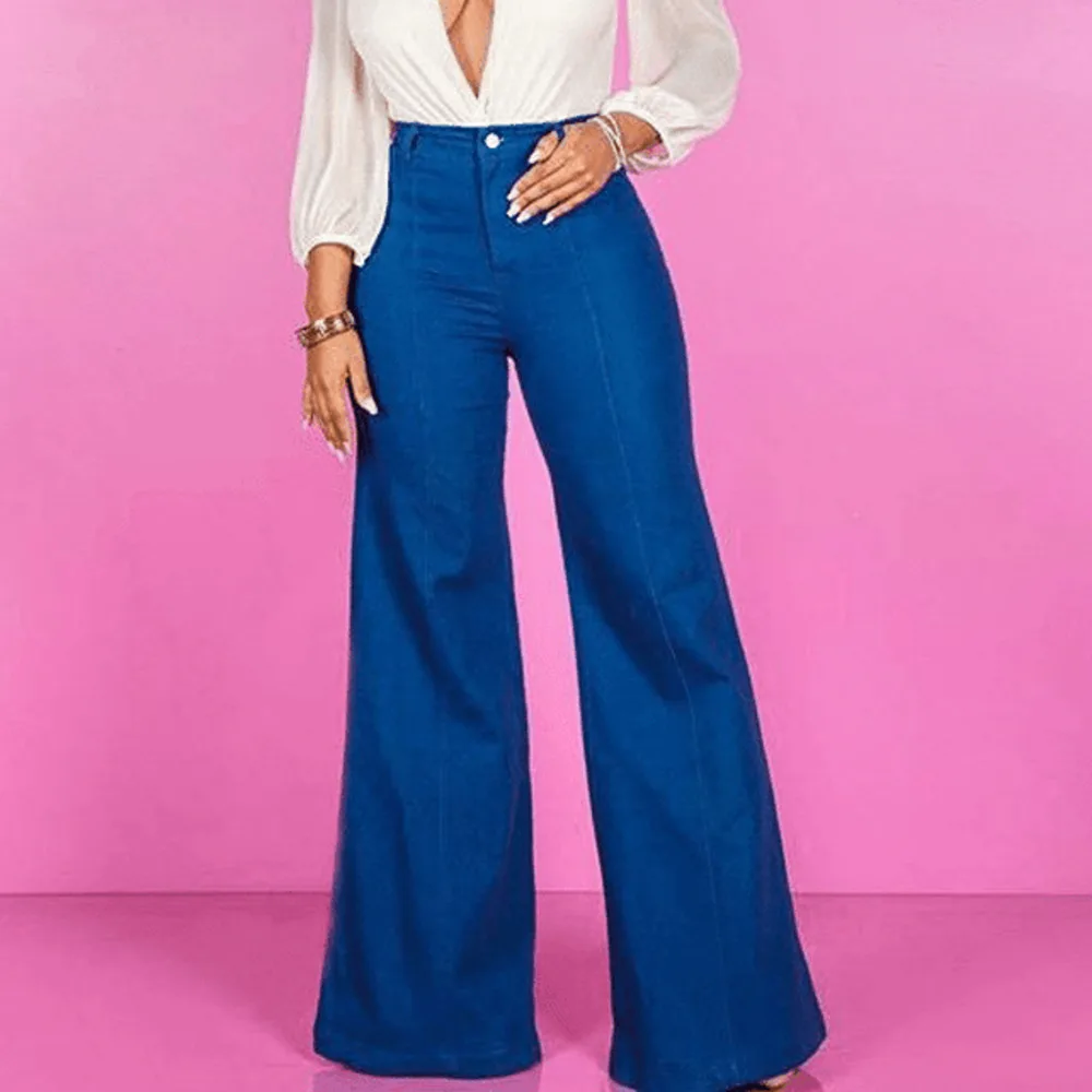 

Chic Blue Flared Jeans Casual Office Lady Denim Pants Bellbottom High Waist Stretch 2022 Fall Fashion Urban Female Flare Trouser