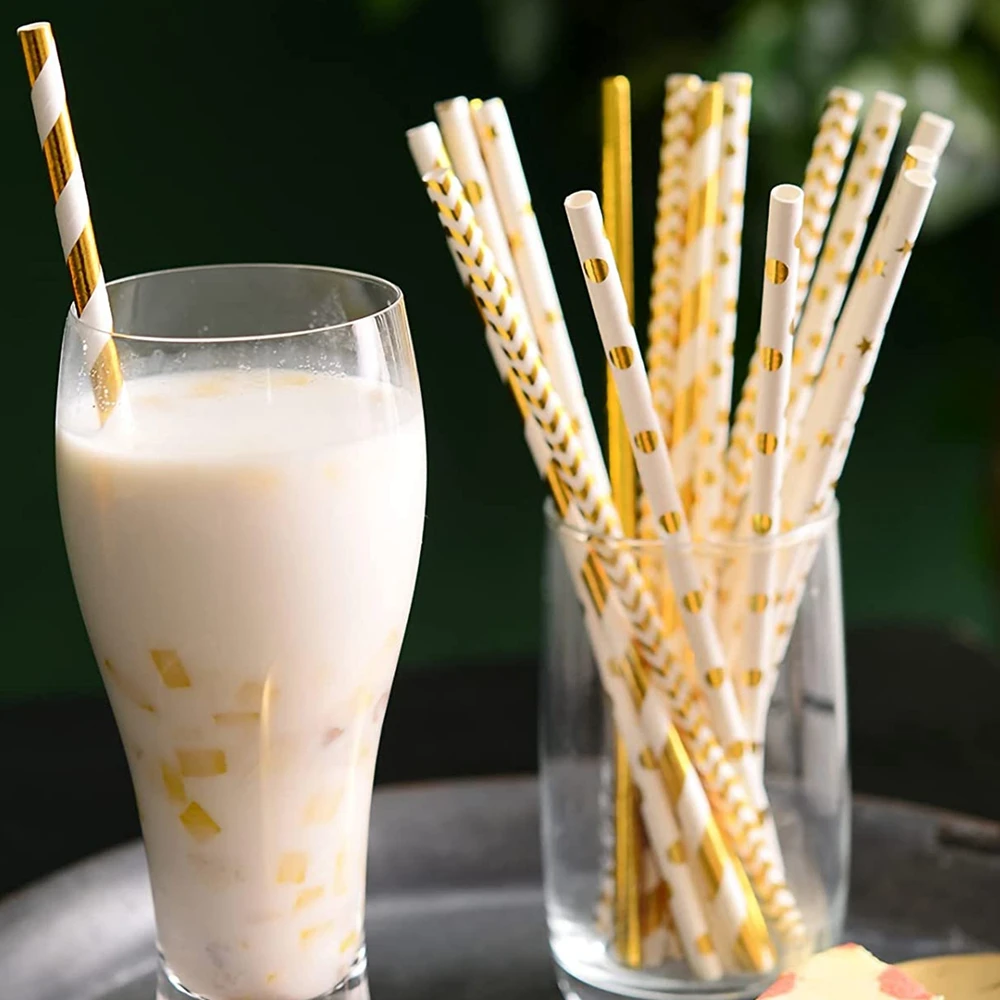 

25PCS Bronzing Paper Straws Kitchen Beverage Disposable Drinking Straw Cocktail Birthday Wedding Party Accessories