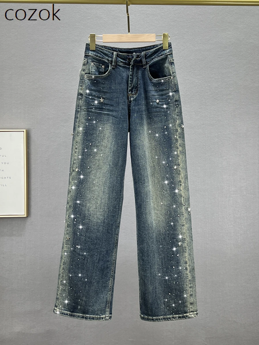

New European Goods Wide-leg Jeans Women's Autumn High Waist Loose and Slimming Heavy Embroidery Hot Drilling Mop Trousers Tide