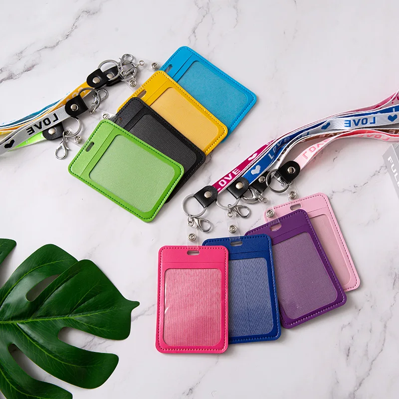 

1pc ID Card Holder with Lanyard Neck Strap Unisex Credit Card Holders PU Leather Pass Cover School Buniess Office Supplies