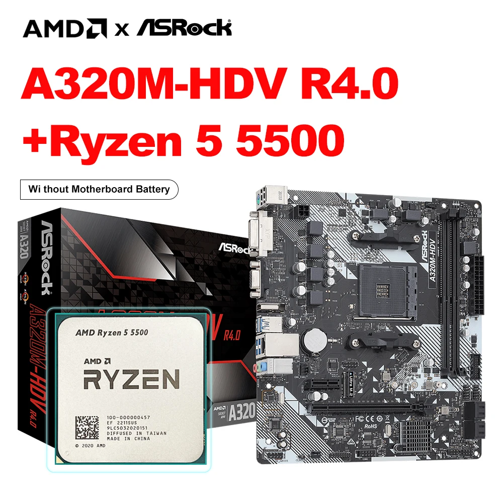 

ASROCK New A320M Motherboard + AMD New Ryzen 5 5500 R5 5500 CPU A320M-HDV R4.0 32GB AM4 DDR4 PCI-E 3.0 Micro ATX placa mae