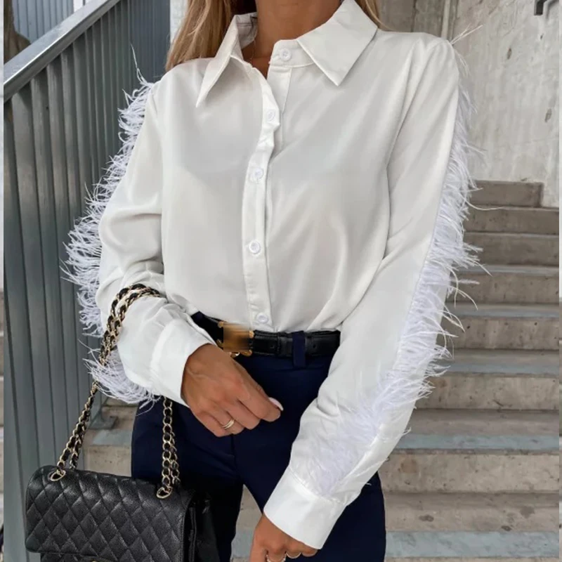 

Женская блузка на пуговицах, однотонная Повседневная рубашка с отворотами и перьями, в стиле пэчворк, 2022