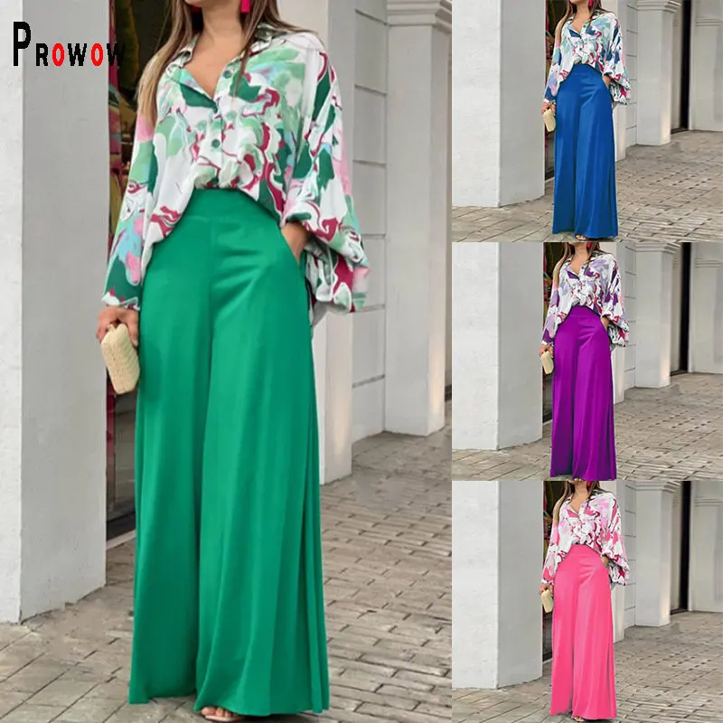 

Prowow Fashion Print Two Piece Women Suits Loose Long Sleeve Blouses Wide Leg Pant Office Lady Clothing Set Spring Summer Outfit
