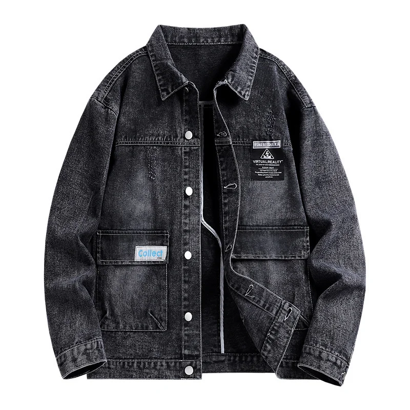 

2023 Men's Denim Jacket Stereoscopic Pockets Embroidery Men Jeans Jackets Vintage Loose Outerwear Casual Black Denim Coats