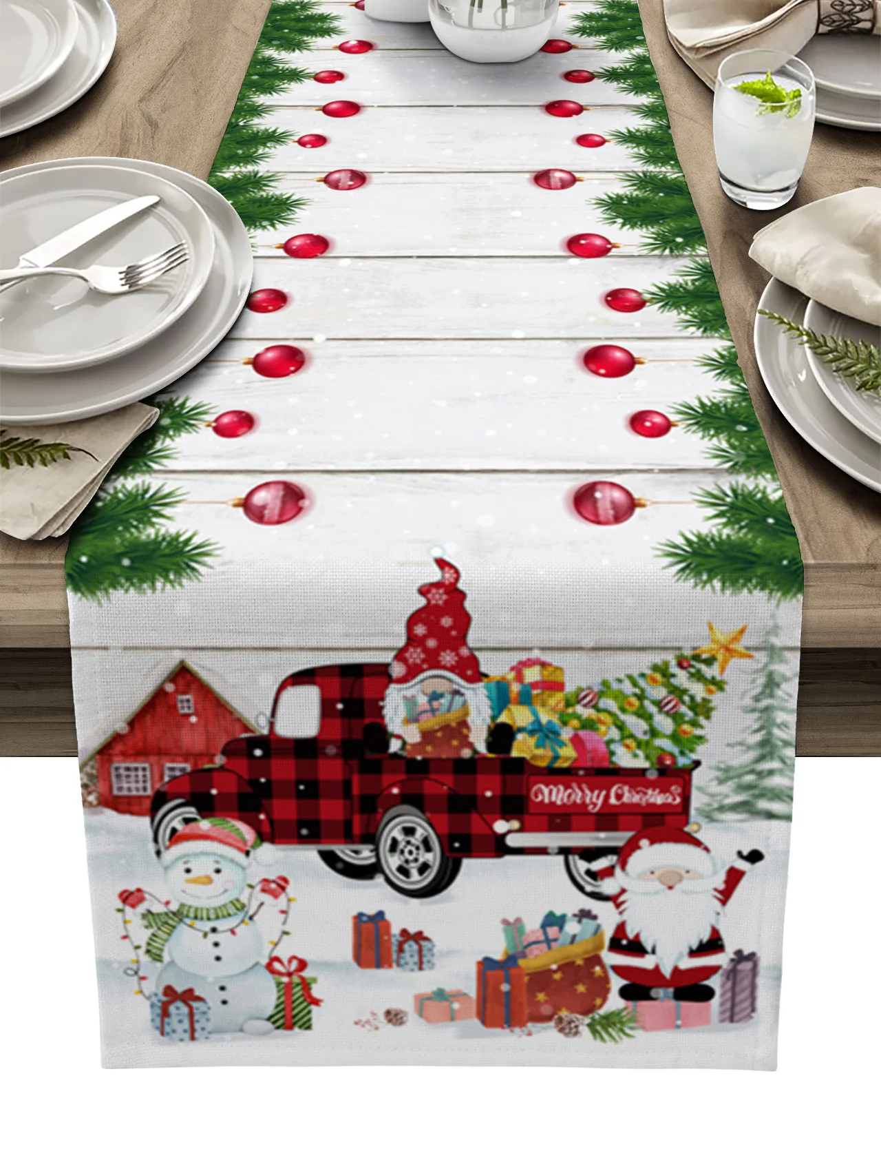 

Christmas Truck Snowman Gnome Table Runner Home Wedding Banquet Festival Party Hotel Table Decoration Table Cover