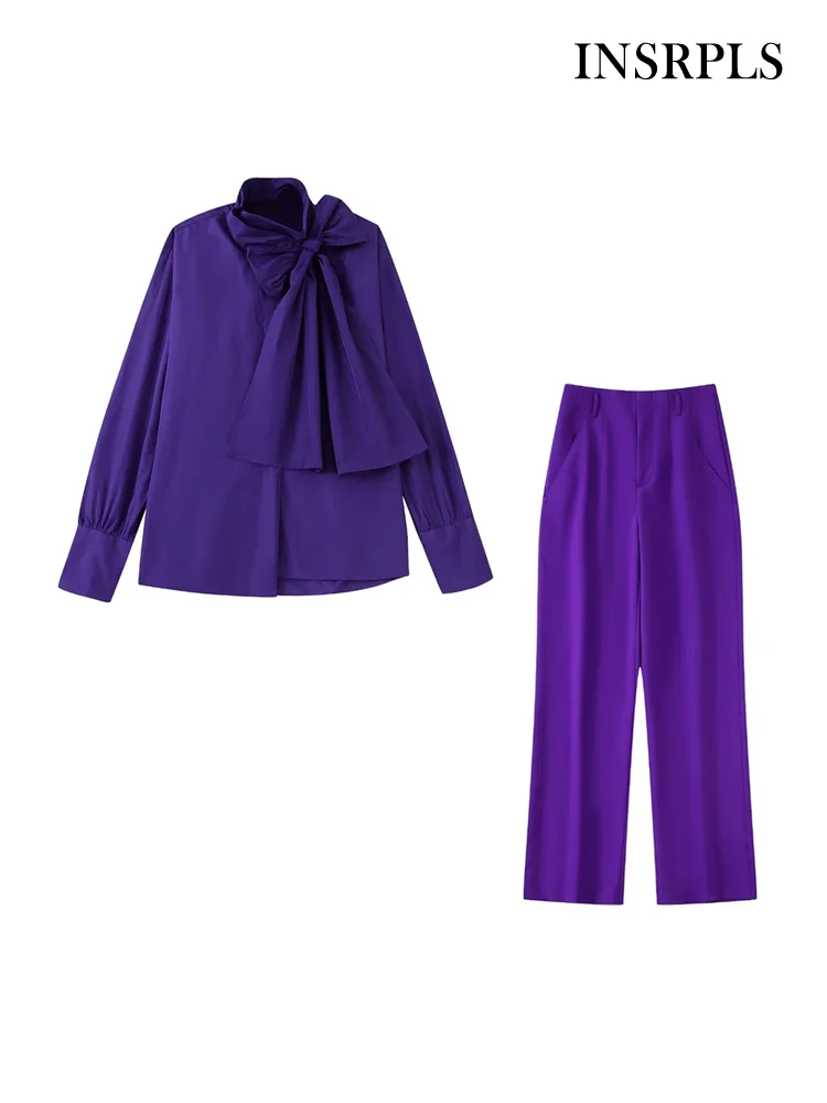 

Женские Модные свободные блузки с бантом и прямые брюки на молнии с высокой талией