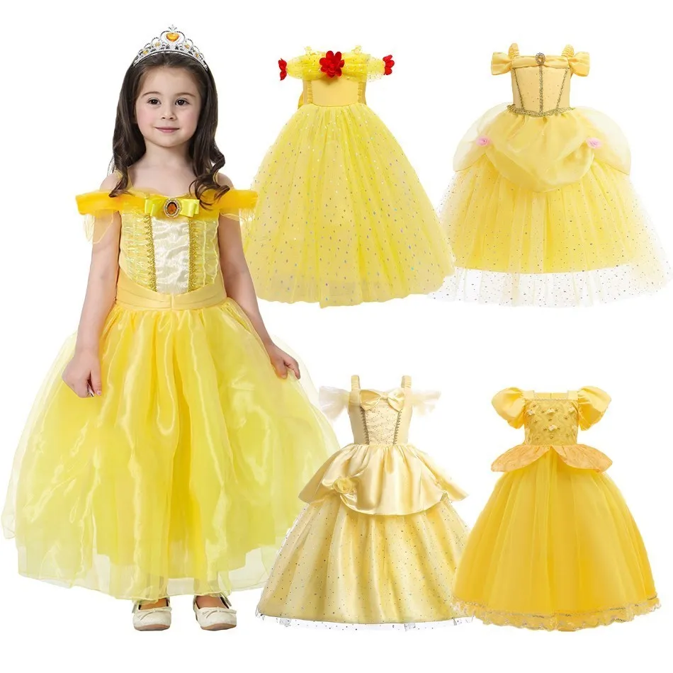 

Belle Cosplay Clothes Girl Princess Costume Children Halloween Party Ball Gown Kids Summer Yellow Tulle Luxury Wedding Dresses