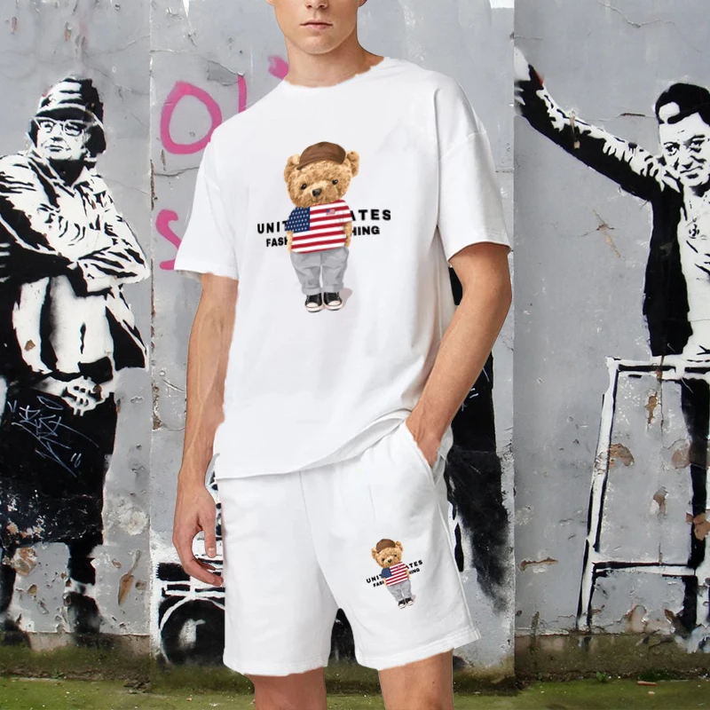 2023 Latest American Flag T-Shirt Cotton Men's 2-Piece Bear Graphic T-Shirt Luxury Brand Men's Summer Shorts Sportswear Couples