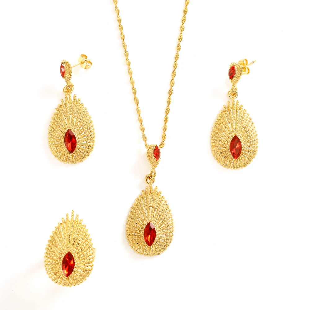 

Ethiopian Gold Plated Bridal Jewelry Sets Earrings Ring Gifts Wedding Jewellery Set For Women