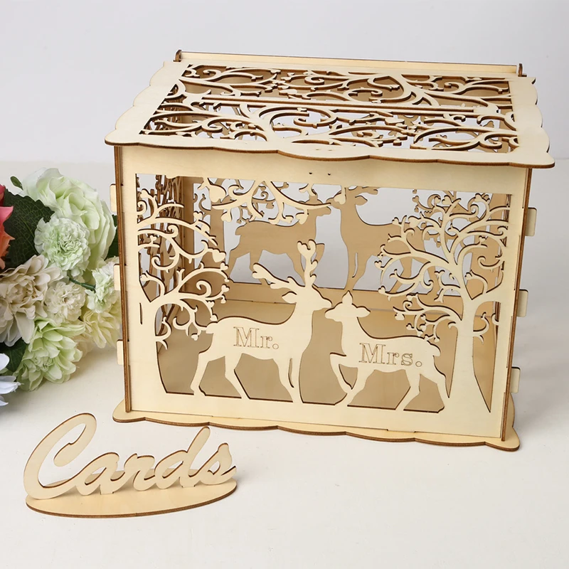 

Wedding Card Box Wood Hollow Wedding Envelope Box with Lock and Card Sign, Upgraded Security Money Box Gift Card Box for Wedding