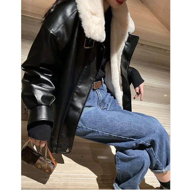 Loose Winter Fur Collar Keep Warm Faux Leather Coat Zipper Turn-down Collar Long Sleeve PU Leather Outwear Fur Overcoat 2023 New