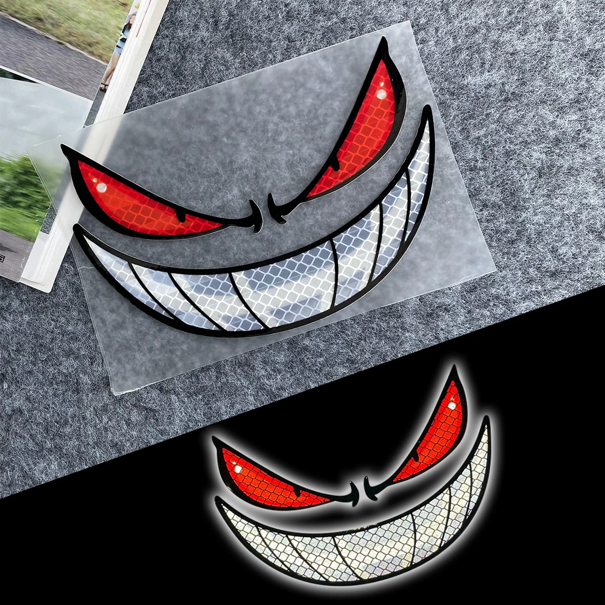 

Светоотражающие предупреждающие наклейки Grin Eyes для безопасности мотоцикла, декор для мотоцикла, велосипеда, скутера, тела, лобового стекла, шлема, заднего ящика, наклейки, аксессуары