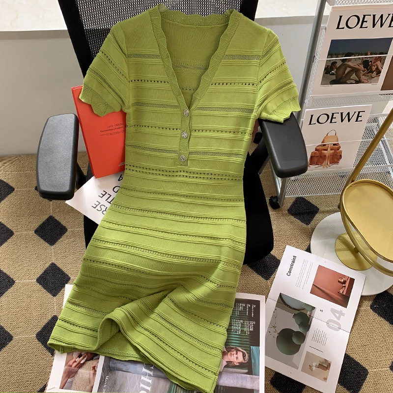 

2022 Summer Women Dress Hollow Out Short Sleeve V Neck Simple Knitted Elegant Dresses A-Line Casual Vestidos Female Green D690