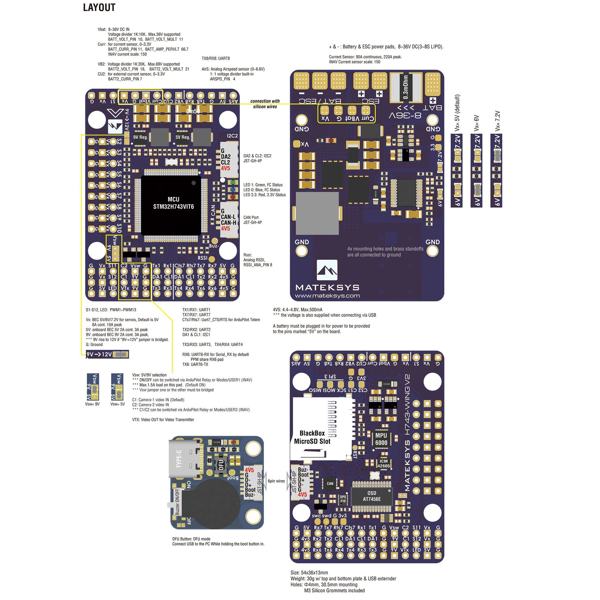 Контроллер полета MATEK H743-WING V3 ArduPilot INAV 3-8S H743 для радиоуправляемых многовинтовых