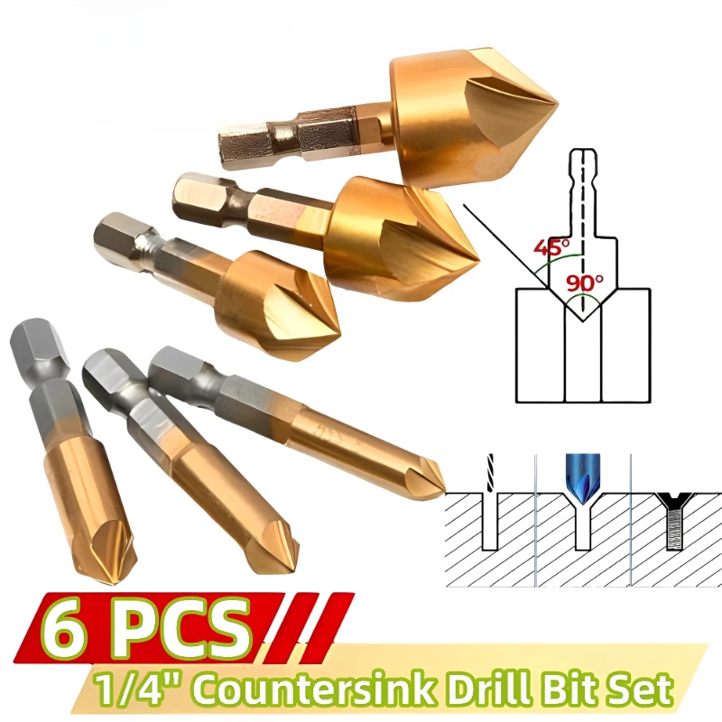 

6PCS Counter Sink Drill Bit Set 1/4'' Hex Shank HSS 5 Flute Countersink 90 Degree Wood Chamfering Cutter Chamfer 6mm-19