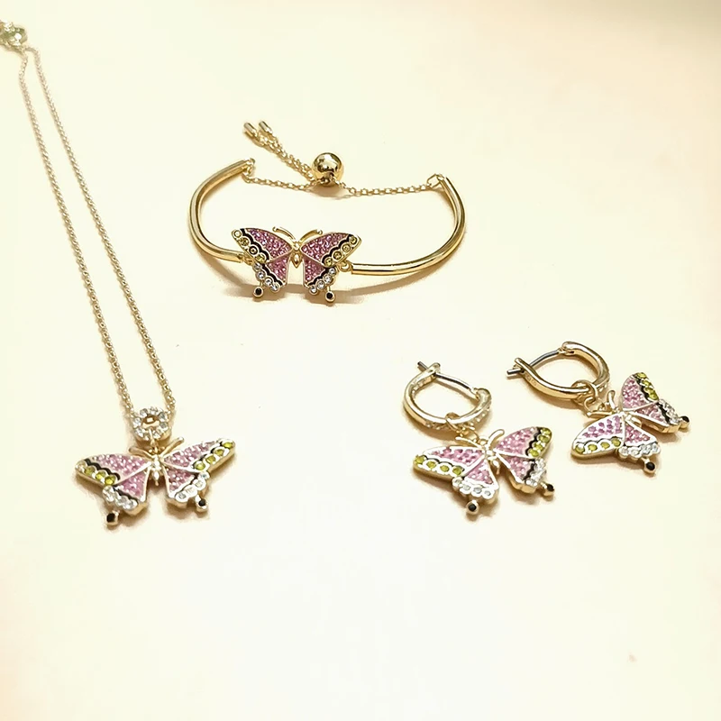 

2023 новые ювелирные изделия Ldyllia Элегантное ожерелье и серьги с розовым кристаллом и бабочкой Молодежная яркая девушка