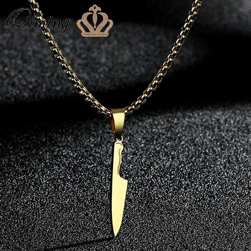 QIMING Simple Chef Knife Pendant Necklace For Men Jewelry Viking Slavic Vintage Women Stainless Steel Necklace 