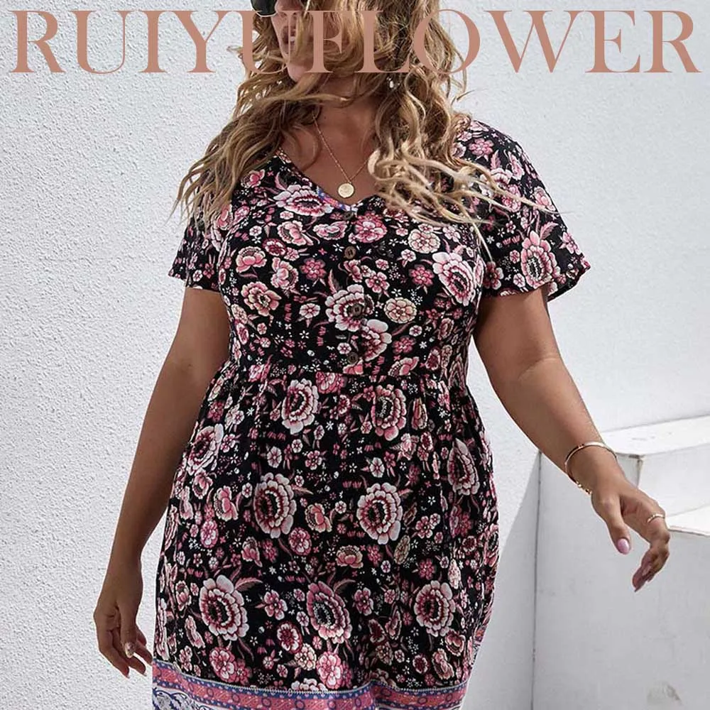 

Summer Spring Autumn Lady Plus Size Loose Package Hip V Neck Mid Bohemia Dress Large Big Oversized Slim Women Clothing Free Ship