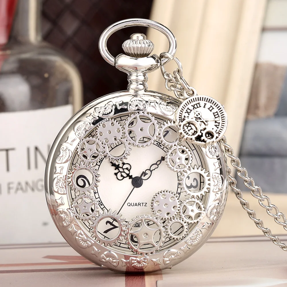 

Retro Silver Pocket Watch Arabic Number Display Fob Watch Hollow Gear Quartz Pendant Clock Necklace Chain with Gear Accessories