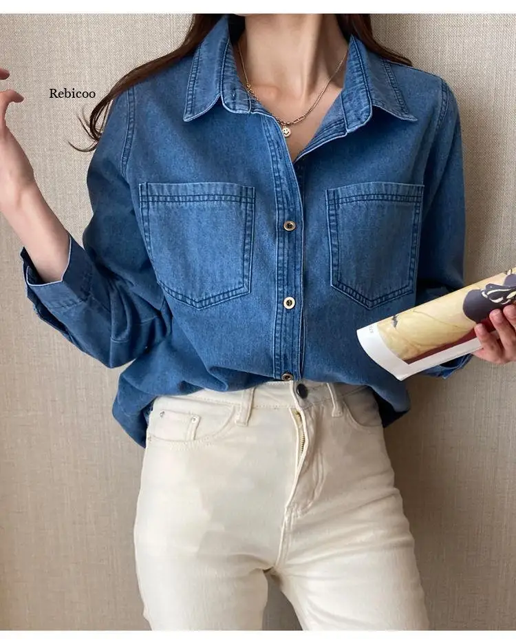 

Shirts Women Spring Denim Vintage Minimalist Pockets Leisure All-match Soft Japan Style Elegant Basic Feminino Tops College New