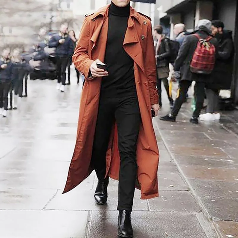 

Длинная двубортная Мужская куртка, однотонное деловое винтажное пальто, верхняя одежда, длинный Тренч, цвет черный